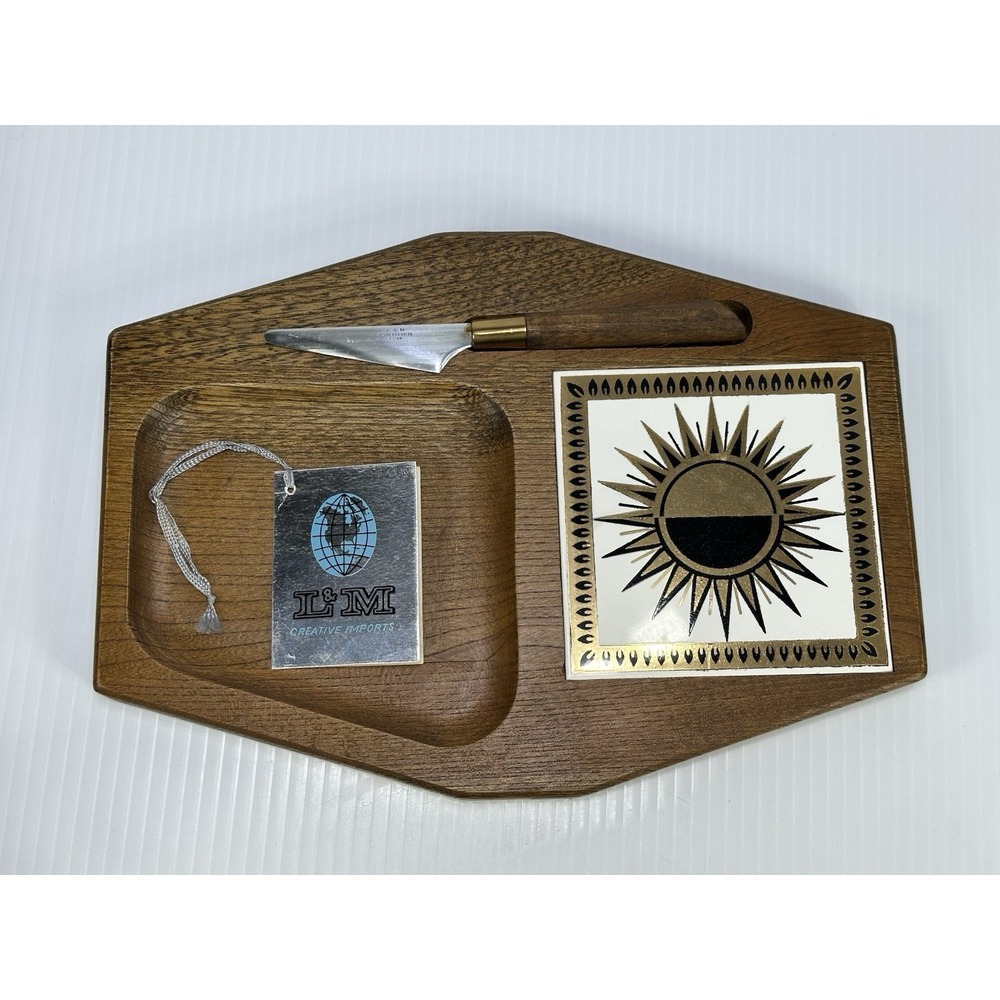 Vintage L&M Creative Imports Wood Ceramic Cheese Board Mid Century Design NOS